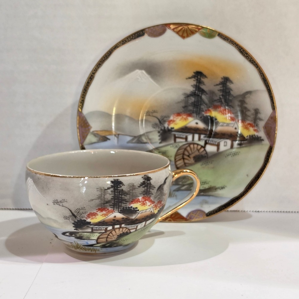 Vtg Japanese Kutani Porcelain Teacup & Saucer Hand Painted Mt Fuji Made in Japan